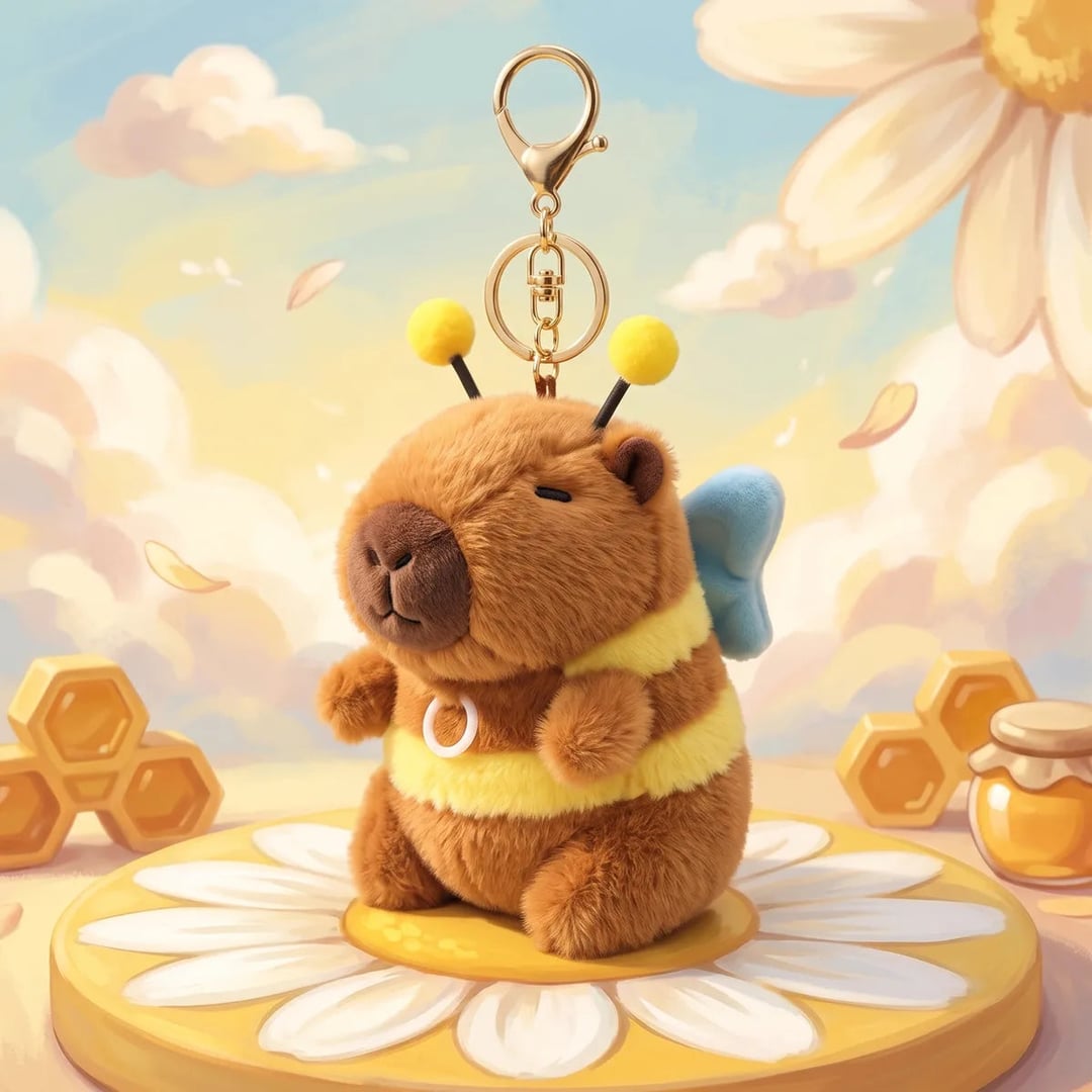 Illustrated honeycomb scene of the brown capybara bee keychain plush sitting on a daisy podium, its gold clasp and chain rising above it