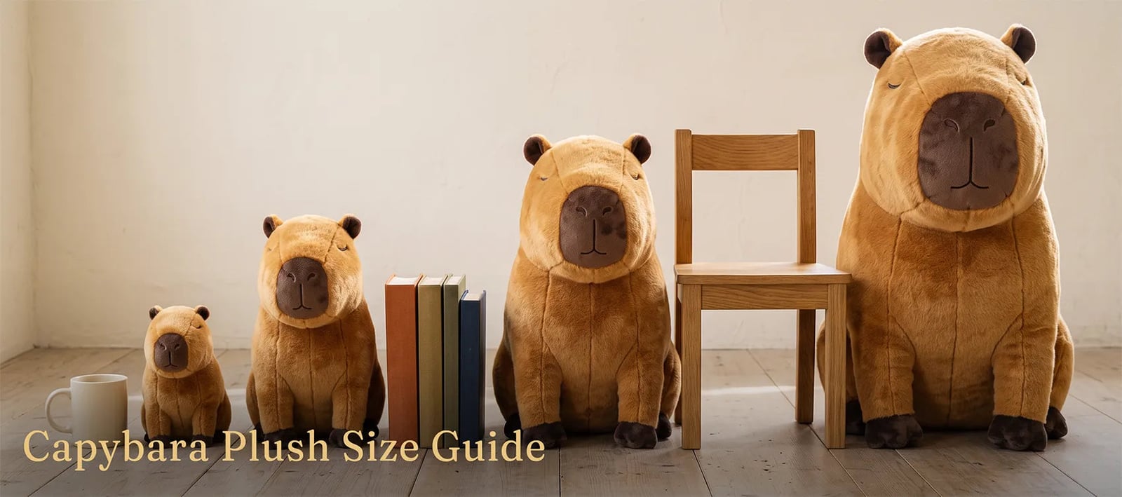 Four capybara plush from mini to giant lined up on a wooden floor next to a mug, books and a chair for scale