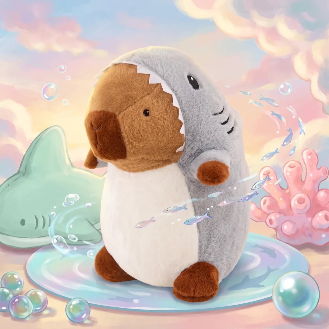 Giant shark capybara plush in an illustrated underwater scene