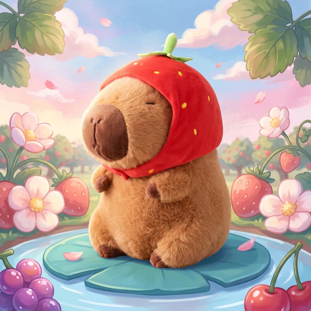 Strawberry capybara plush sitting on a lily pad in an illustrated strawberry field